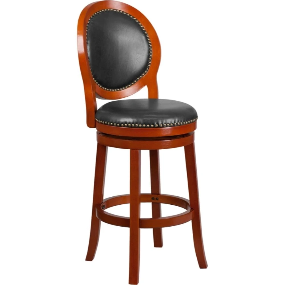 30'' High Light Cherry Wood Barstool with Walnut Leather Swivel Seat