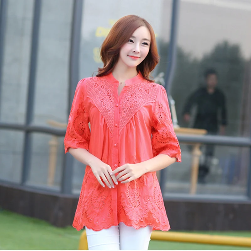  New 2020 Summer blouse Embroidery Shirt Loose Women Blouses Short Sleeve V-Neck Hollow Out Women to