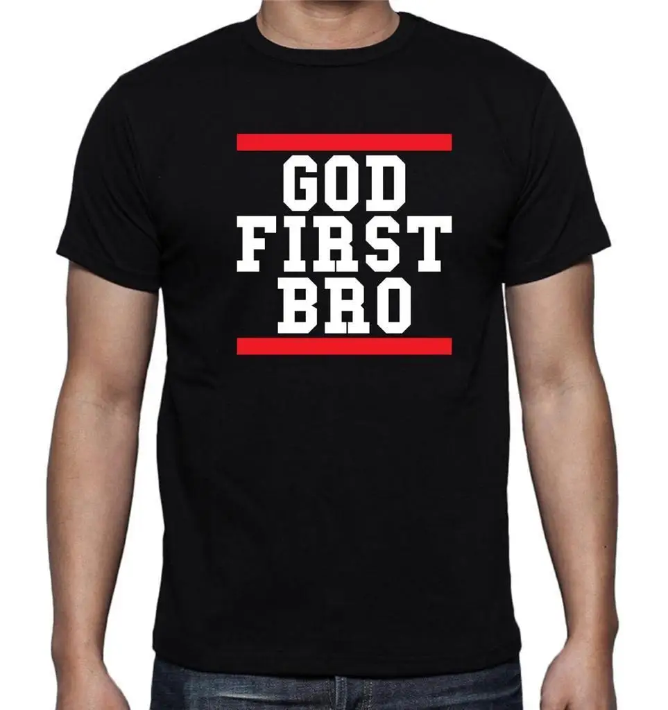 Новая мужская с принтом Бог первый Бро Кристиан Иисус вера Забавный HIPSTER Футболка 100% хлопок футболка, Забавные футболки