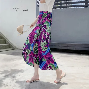 

Summer Bohemian Floral Printed One-piece Sashes Long Wrap Skirts Side Split Ruffled A-line Chiffon Beach Ankle Long Skirts
