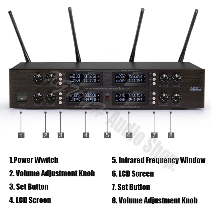 전문 UHF 가변 주파수 8 다이나믹 핸드 헬드 디지털 오디오 UHF 무선 마이크 시스템 무대, KTV 가라오케 마이크