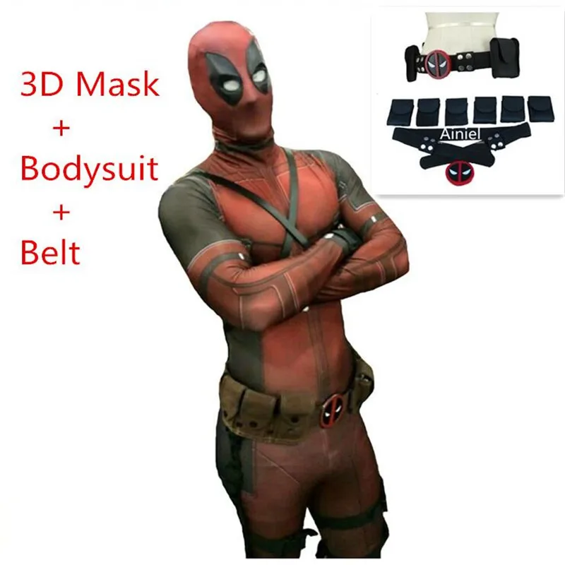 

Cosplay Marvel Comic Classical Deadpool Costume Halloween Bodysuit Lycra Spandex Zentai Jumpsuit and Belt Strap