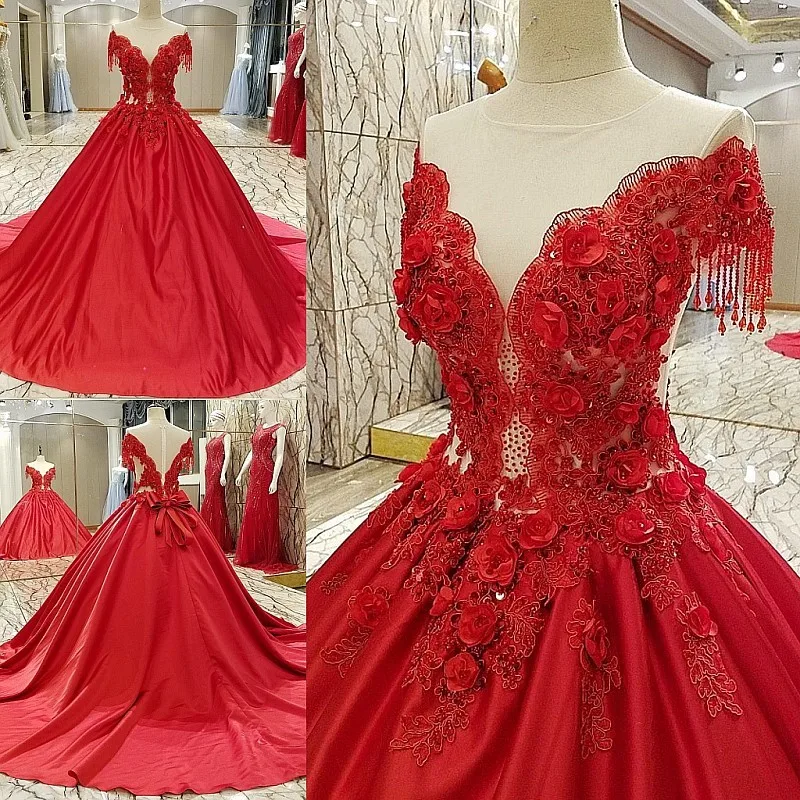 

Fashionable Evening Dress Red Satin Beading 3D Floral Print Zipper Back Ball Gown Long Formal Dress Robe De Soiree Real Photos