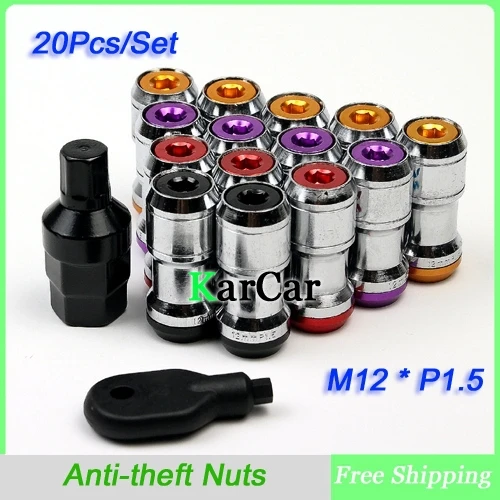 

20PCS/Set 12 x 1.5 Lug Nuts Anti-theft Security Key Auto Lock Formula End Aluminum Closed Wheel Nuts Black Red Purple Gold