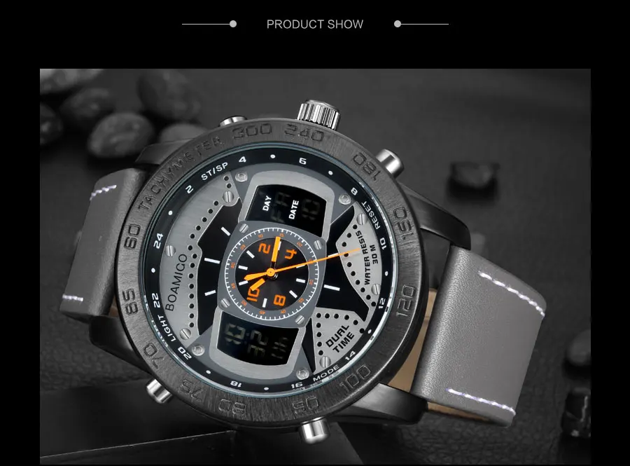 Мужские спортивные часы BOAMIGO, брендовые, мужские, кожаный, светодиодный, цифровые, кварцевые часы, наручные часы, 30 м, водонепроницаемые, мужские часы