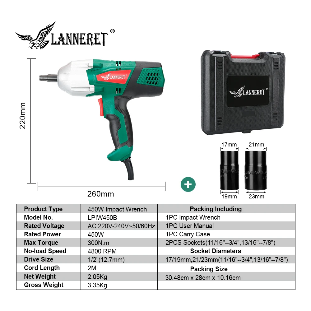 LANNERET 450 Вт Электрический ударный гайковерт пилы для резки 1/" 300N. m максимальный крутящий момент, двунаправленного кулисный переключатель, 2 гнезда 17/19 мм, 21/23 мм