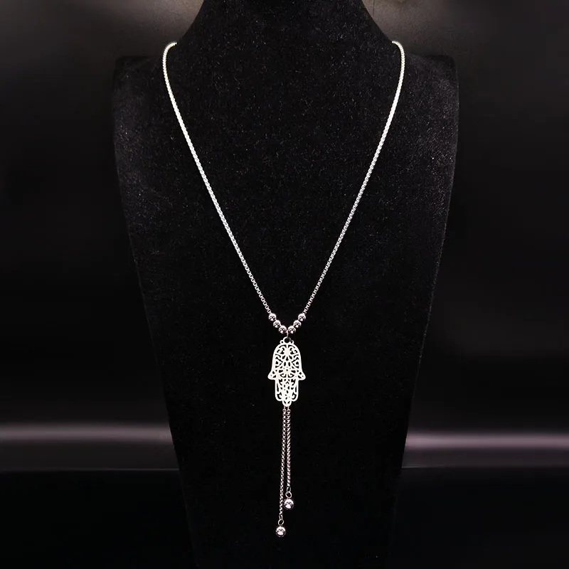 

2019 bohemian Stainless Steel Hamsa Hand Necklaces Women Silver Color Butterfly Long Statement Necklace Jewelry collares N17982