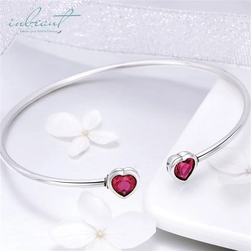 

inbeaut Silver Red Zircon Heart Bangle 925 Forever Love Heart-shaped Stone Culf Bracelet Chain Women Wedding Jewelry for Gift
