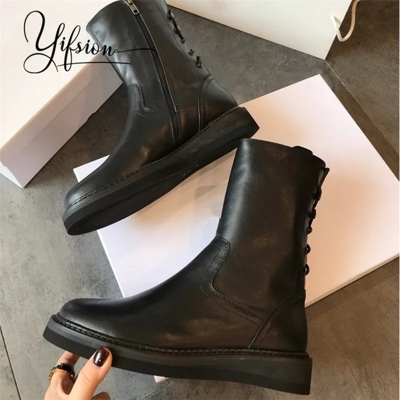 

OLOME New Black Genuine Leather Women Ankle Boots Round Toe Side Zip Women Autumn Winter Flat Boots Casual Shoes Woman