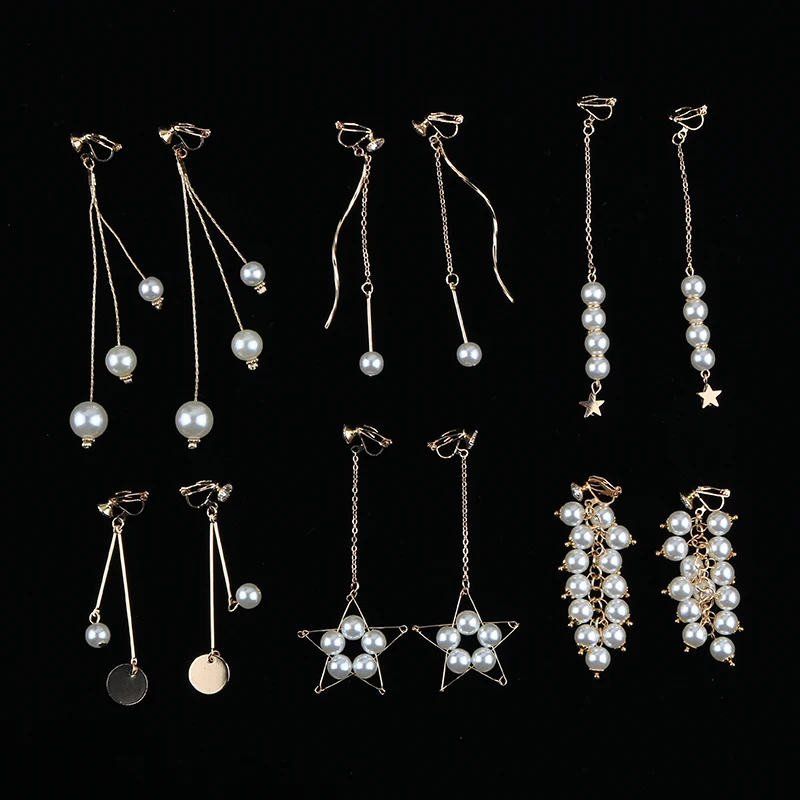 

Trendy New Styles Simulated Pearl Long Clip On Earrings Star linear Dangle No Piercde For Female Party Ear Clip Gift Jewellry