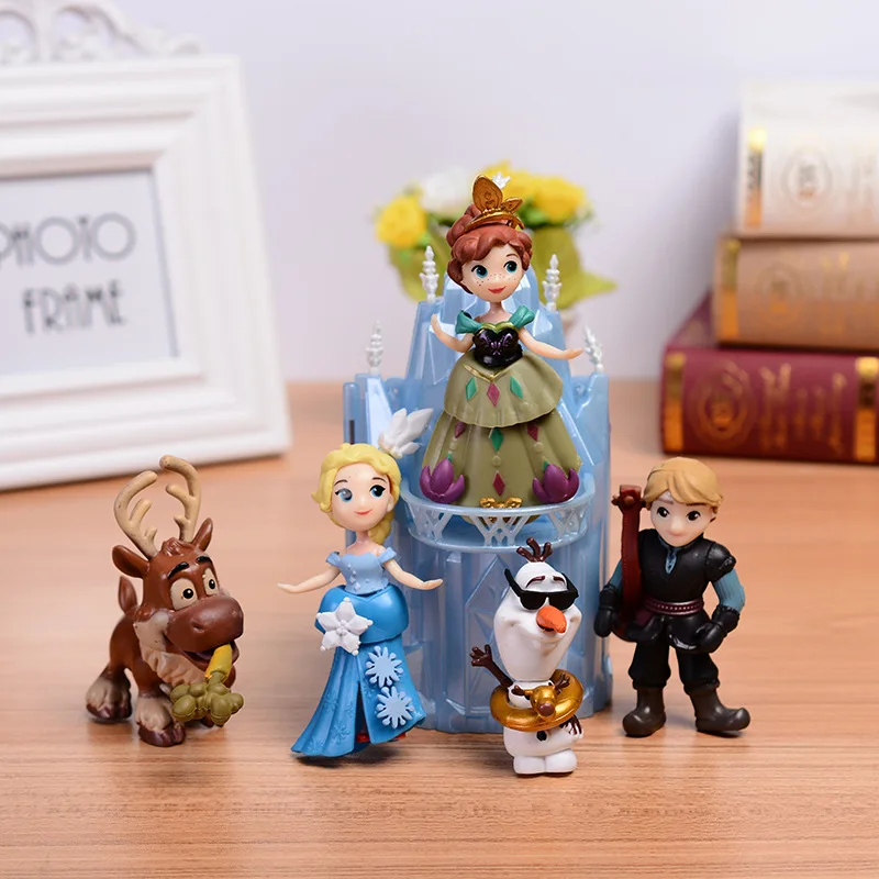 

Disney Hot Movies Frozen Q Version Anna Elsa Princess Olaf Sven Kristoff And Castle Ice Palace Throne PVC Action Figures Model