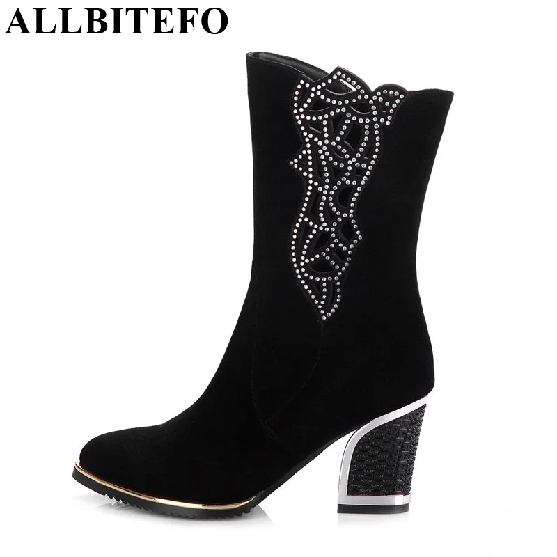 ALLBITEFO genuine leather winter snow women boots pointed toe thick heel cut-outs fashion ankle boots platform zip martin boots fashion slim rivets thick heel pointed toe zip winter snow boots genuine leather stretch fabric over the knee boots women boots