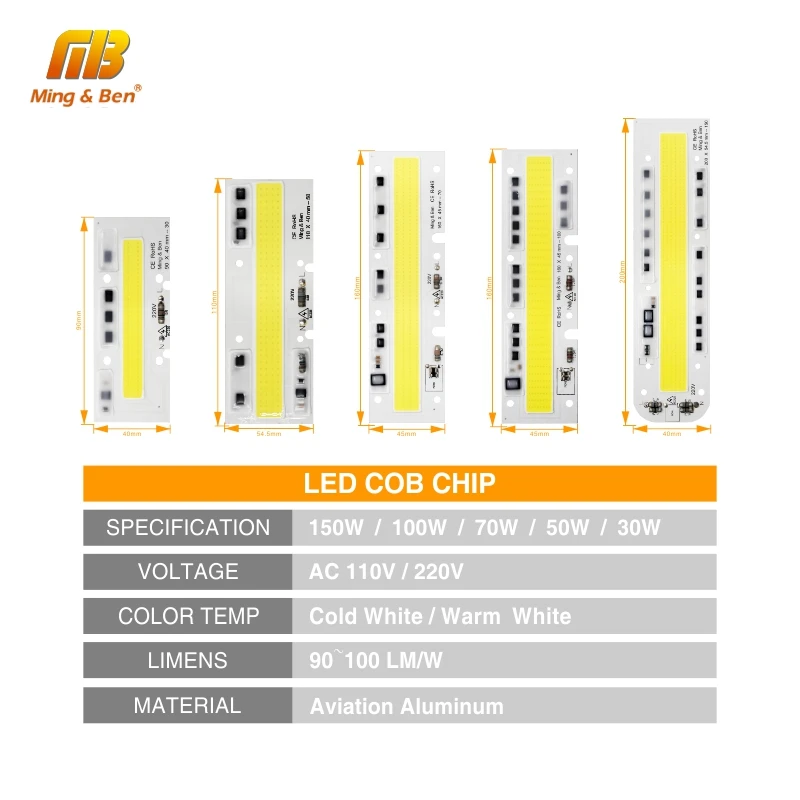 Светодиодные COB лампы высокой мощности 30 Вт 50 70 100 150 220 В 110 IP65 умный IC чип нет
