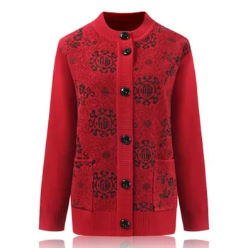 

High Quality Female Embroidered O-Neck Knitted Sweater Cardigan 2018 Grandmother Full Sleeve Plus Size Knitted Sweater Coat F555