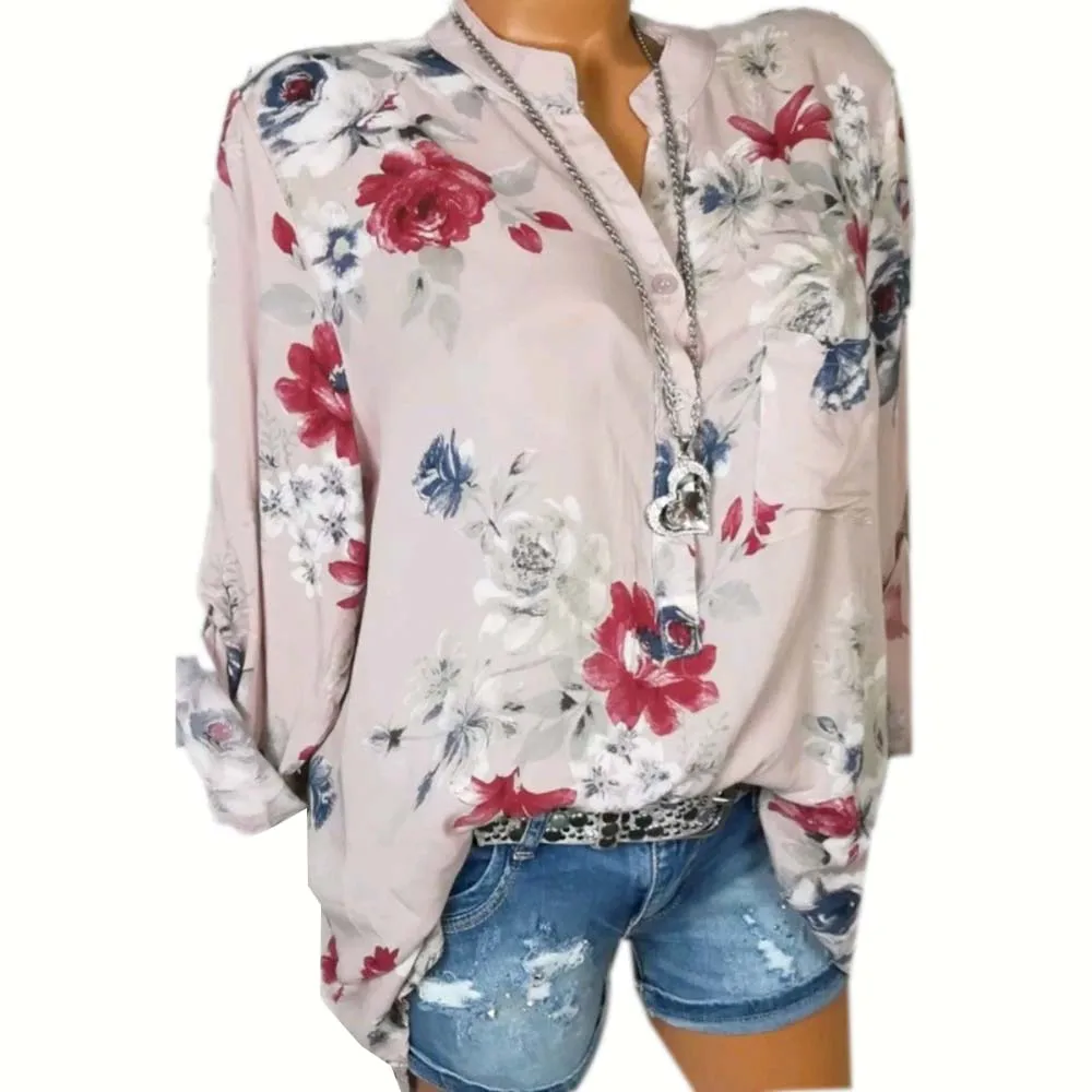 

Women Floral Print Blouse Long Sleeve V-Neck Shirts Sexy Casual Clothing For Female Blusas and Tops White Pink Plus Size Blouses