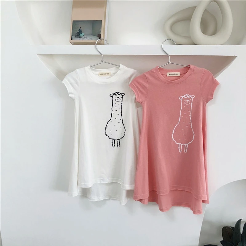 MYUDI 2019 Girls Fashion Summer Long T-shirt Dresses Short Sleeve Alpaca Sweet Girl's Brief Basic White Casual Dress