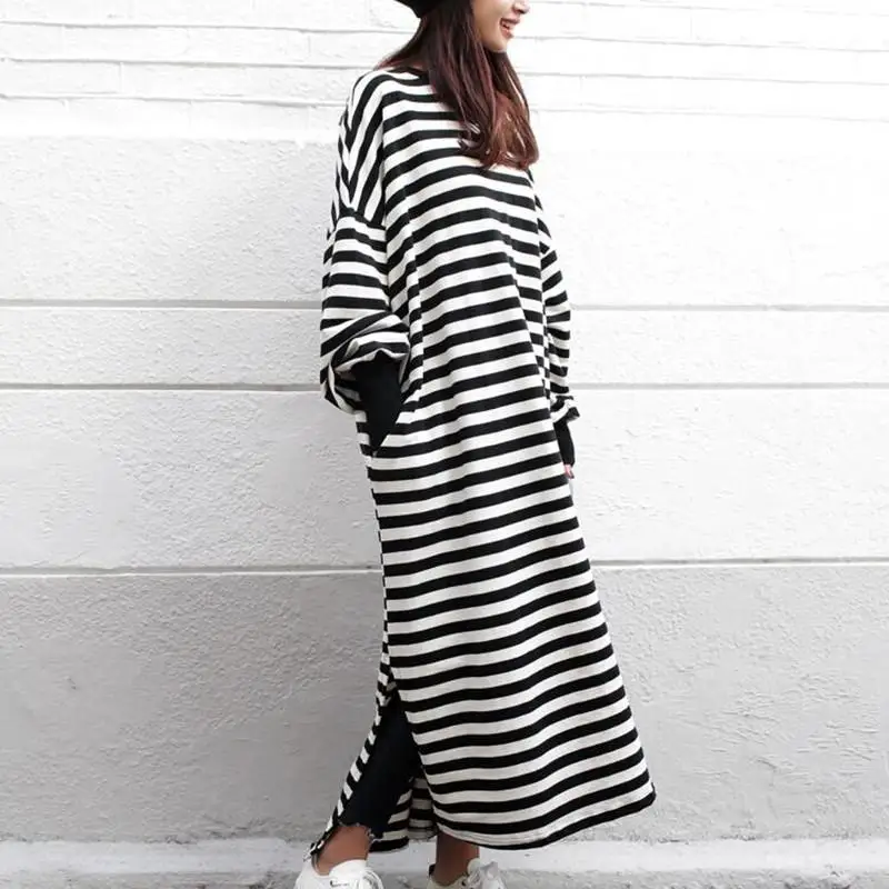 

Long Dress Women 2018 Winter Autumn Lantern Full Sleeve Striped Straight Loose Casual Dresses Femme jurk