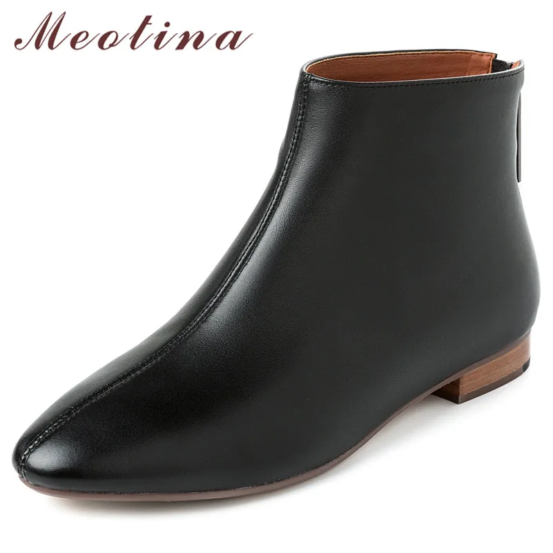 

Meotina Autumn Chelsea Boots Women Natural Genuine Leather Flat Ankle Boots Cow Leather Zipper Short Shoes Lady Winter Size 41