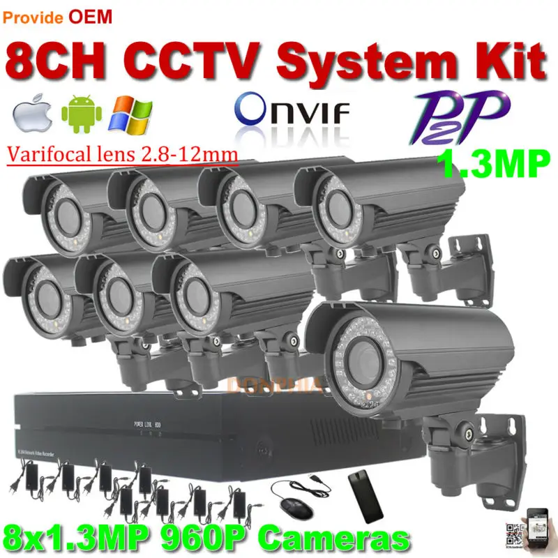 Home security system 8ch IP Camera Kit 1080P Video NVR 8pcs varifocal 2.8-12mm lens P2P Motion detect outdoor 1.3MP CCTV Camera