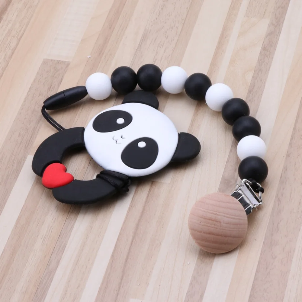 Зубное кольцо для младенцев с цепочка с зажимом для соски-пустышки Panda без БФА, силиконовый Прорезыватели прорезывание зубов игрушка