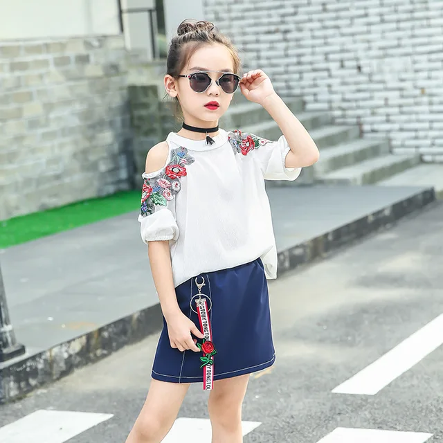 off shoulder top with denim skirt