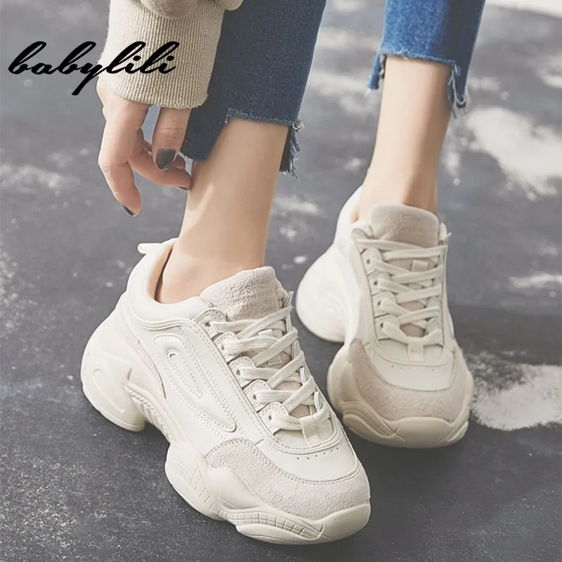 

2019 Women Sneakers lace up round toe sneakers mujer 2019 Spring Breathable Vulcanized Shoes Woman Platform Chunky Sneakers