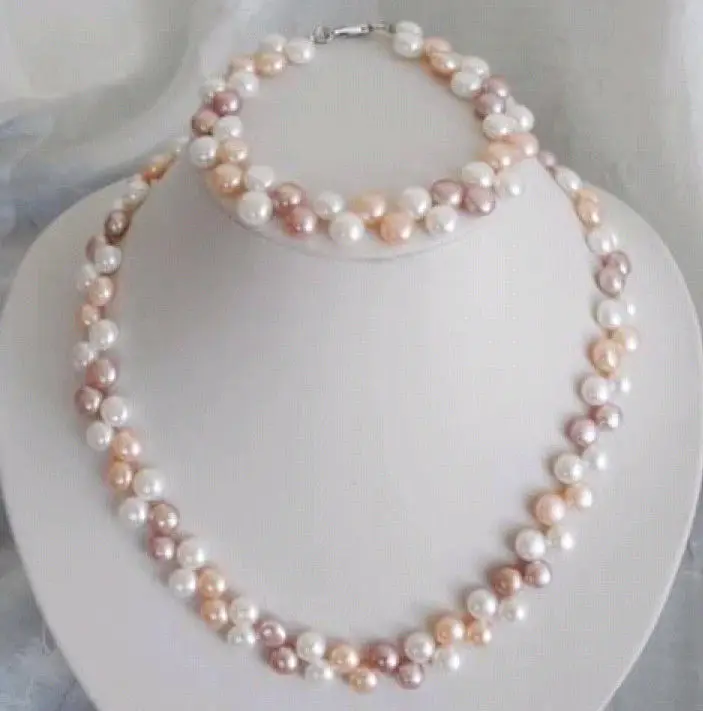 

Wholesale 100% Natural jewelry 7-8mm White/Pink/Purple Akoya Cultured Pearl Necklace Bracelet Set (A0516)