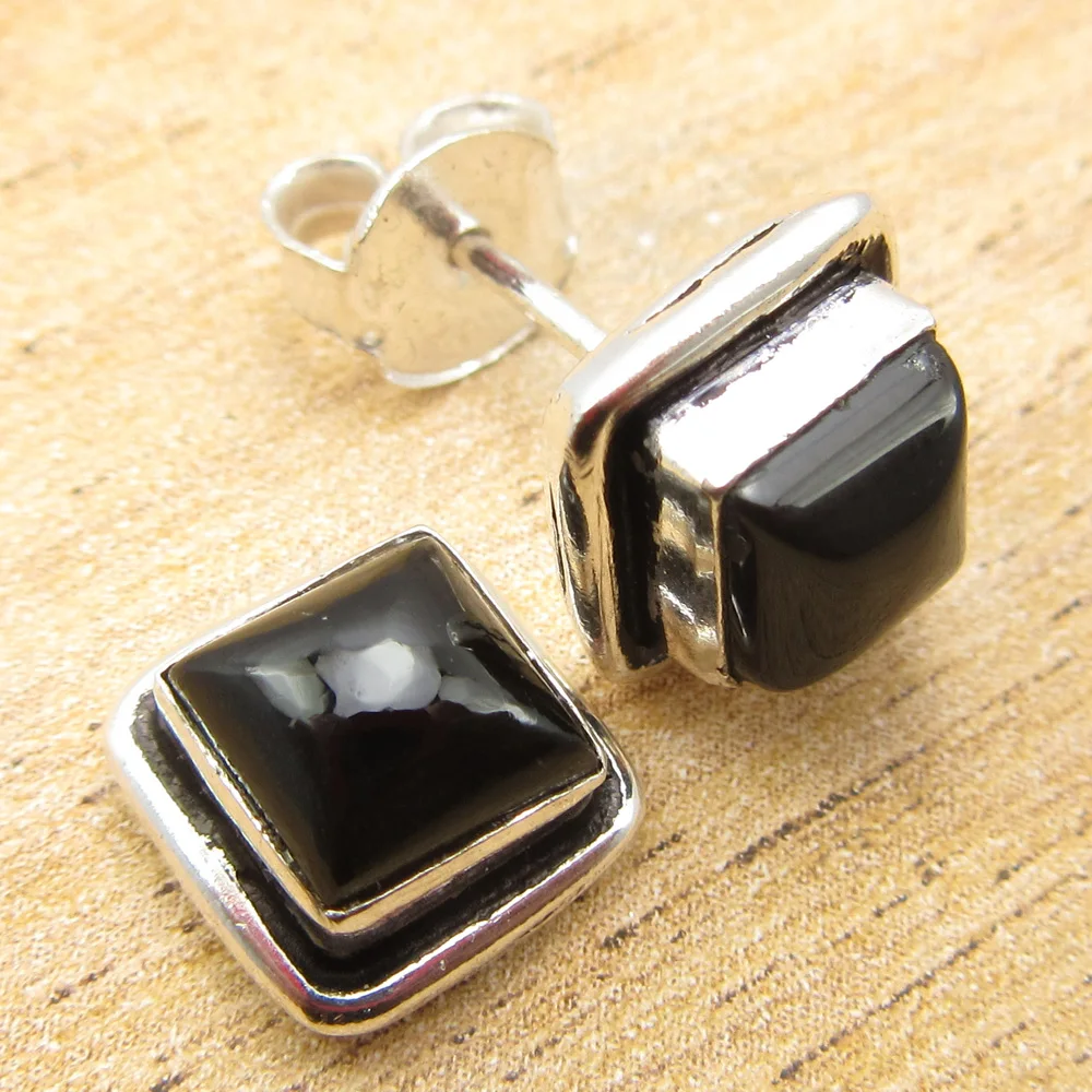 LIGHTWEIGHT Studs Earrings, High End BLACK ONYX BOYS' Silver Plated