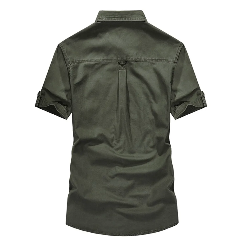  Men shirt Casual Slim Fit Embroidery Military Pure Color Pocket Short Sleeve shirts mens dress shir