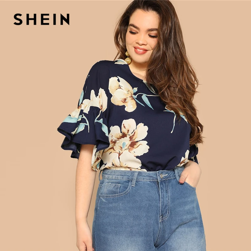 Navy Plain Round Neck Flounced Sleeves Blouses
