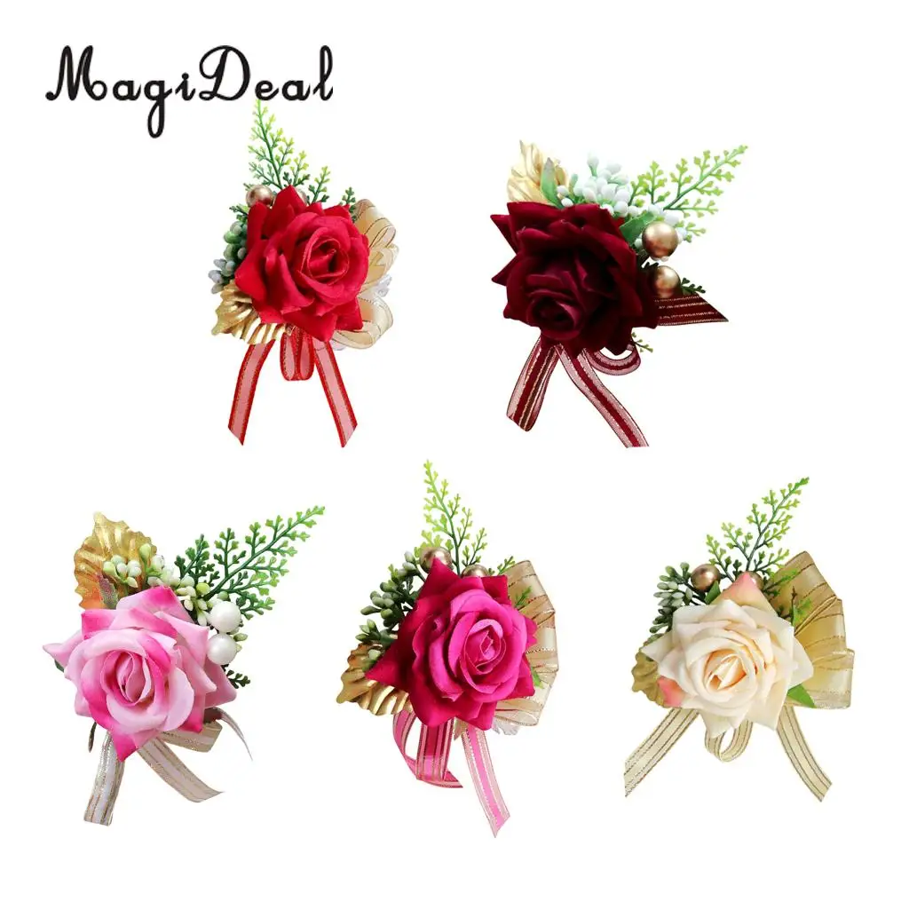 Romantic Artificial Rose Flower Pearls Wedding Corsage Boutonniere for Bridal Groom Fancy Dress