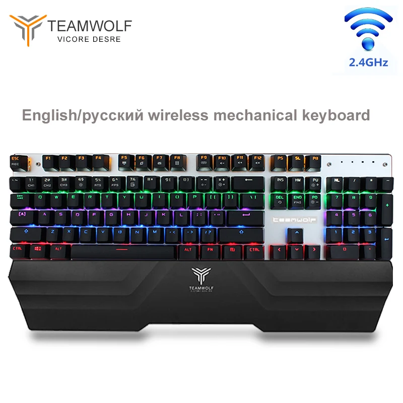 

Wireless 2.4GHz gaming mechanical keyboard LED backlit 104 keys black blue switch rechargeable US/Russian for PC TV BOX Gamer