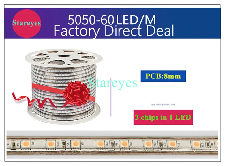 50 рулонов 5000 метров SMD 5050 8 мм PCB 60 Светодиодный/M AC220V светодиодный лента IP67 водонепроницаемый гибкий светодиодный светильник RGB лента