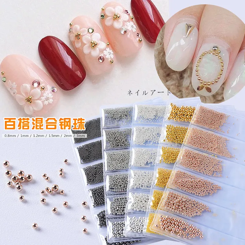 

1 Pack 6 Sizes Mixed 0.8-3mm 3D Metal Caviars Bead Ball Black Gold Silver Rose Nail Art Decorations Alloy Gems Manicure DIY Tips