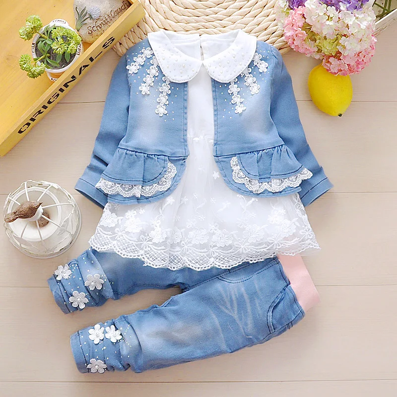 3 шт. детские джинсовые кружевные комплекты одежды для девочек|kids clothes set|set girlclothing