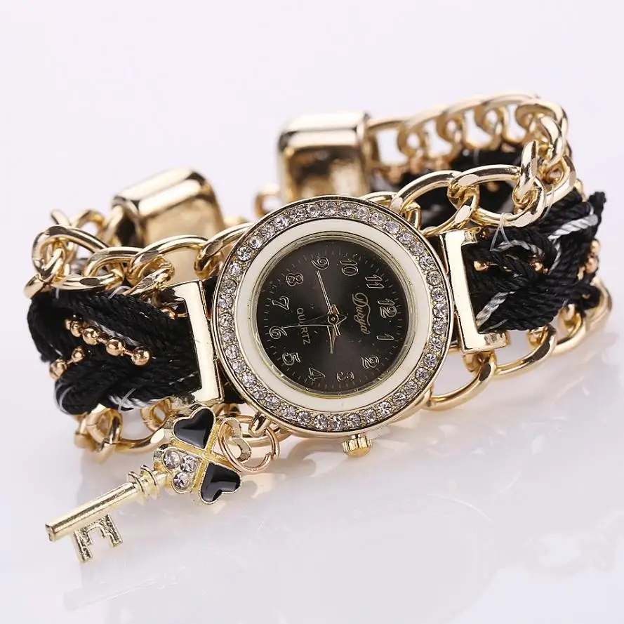 Black Fashion Women's Ladies Braided Band Rhinestone Wrist Watches