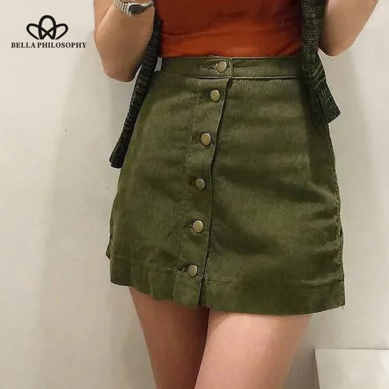 

Bella Philosophy 2019 spring summe A-Line empire women skirt corduroy button ladies skirt casual little sexy female skirt
