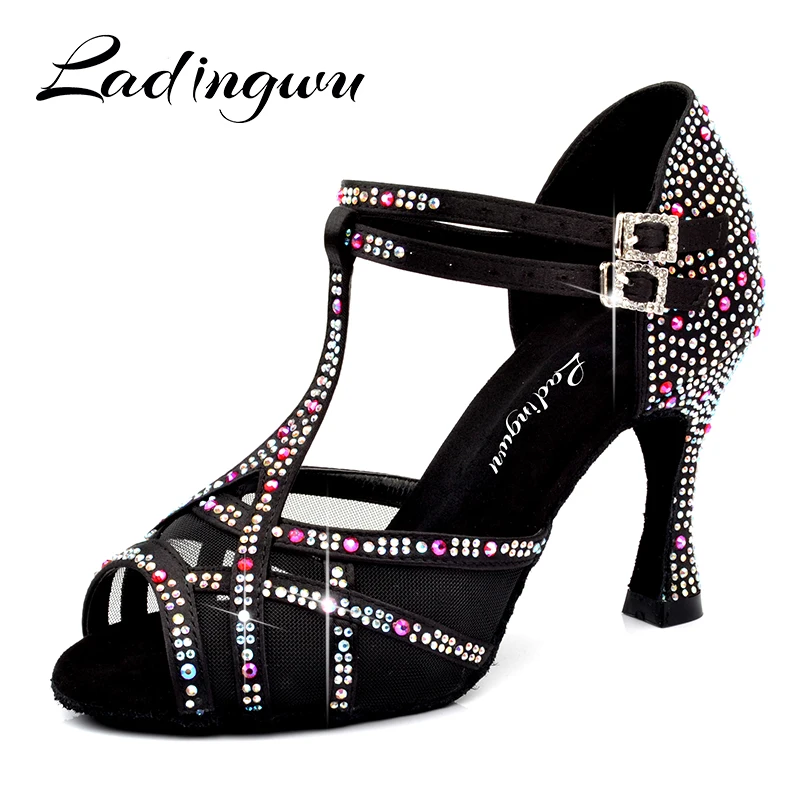 

Ladingwu Women Ballroom shoes Salsa party Latin dance shoes big small rhinestone shining Black satin Cuba Heel 9cm