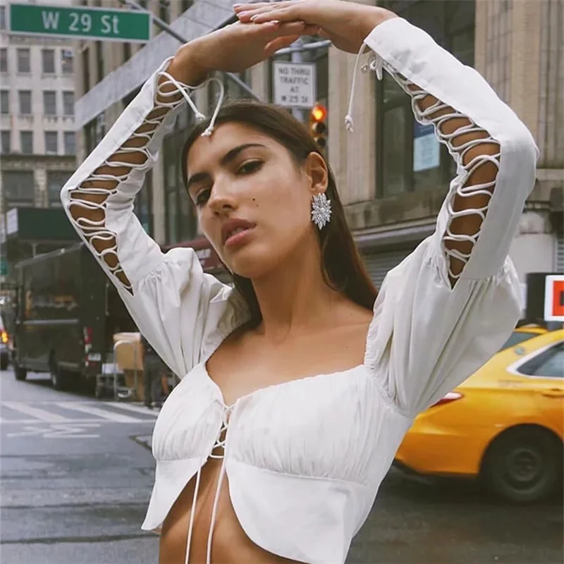 

New Personality Bandage Sleeve Blouses Women Designer Sexy Short Square Collar Femme Club Autumn Vintage Court Tops Lady's Shirt