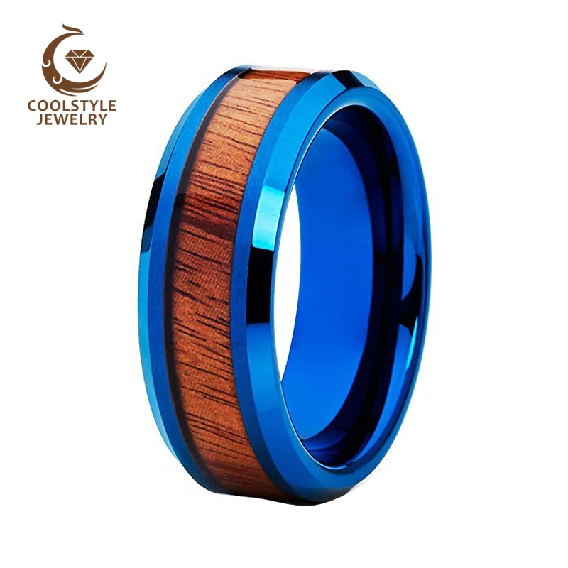 

Men 8mm Blue Tungsten Carbide Wedding Engagement Ring Polished Beveled Edges Wood Inlay Band Comfort Fit