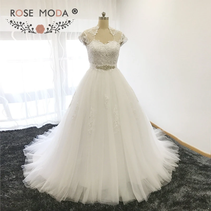 

Rose Moda Real Photo Short Cap Sleeves Princess Wedding Ball Gown with Crystal Sash Keyhole Lace Up Back Plus Size Wedding Dress