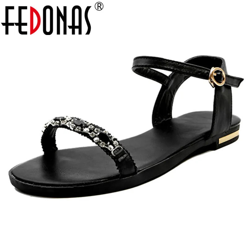 

FEDONAS 2019 Fashion Concise Crystal Decoration Buckle Women Sandals Genuine Leather Office Lady Shoes Woman Summer Single Shoes