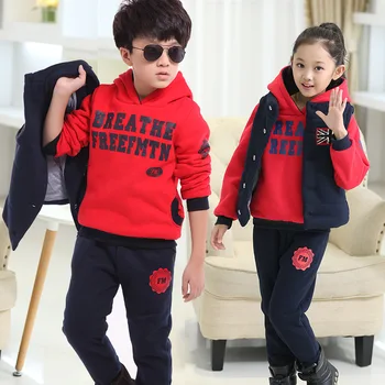 

2020 Winter Children Clothing Set 3 Pcs Boys Tracksuit Toddler Girls Warm Hooded Coats + Vests + Pants Kids Sport Suit Costume