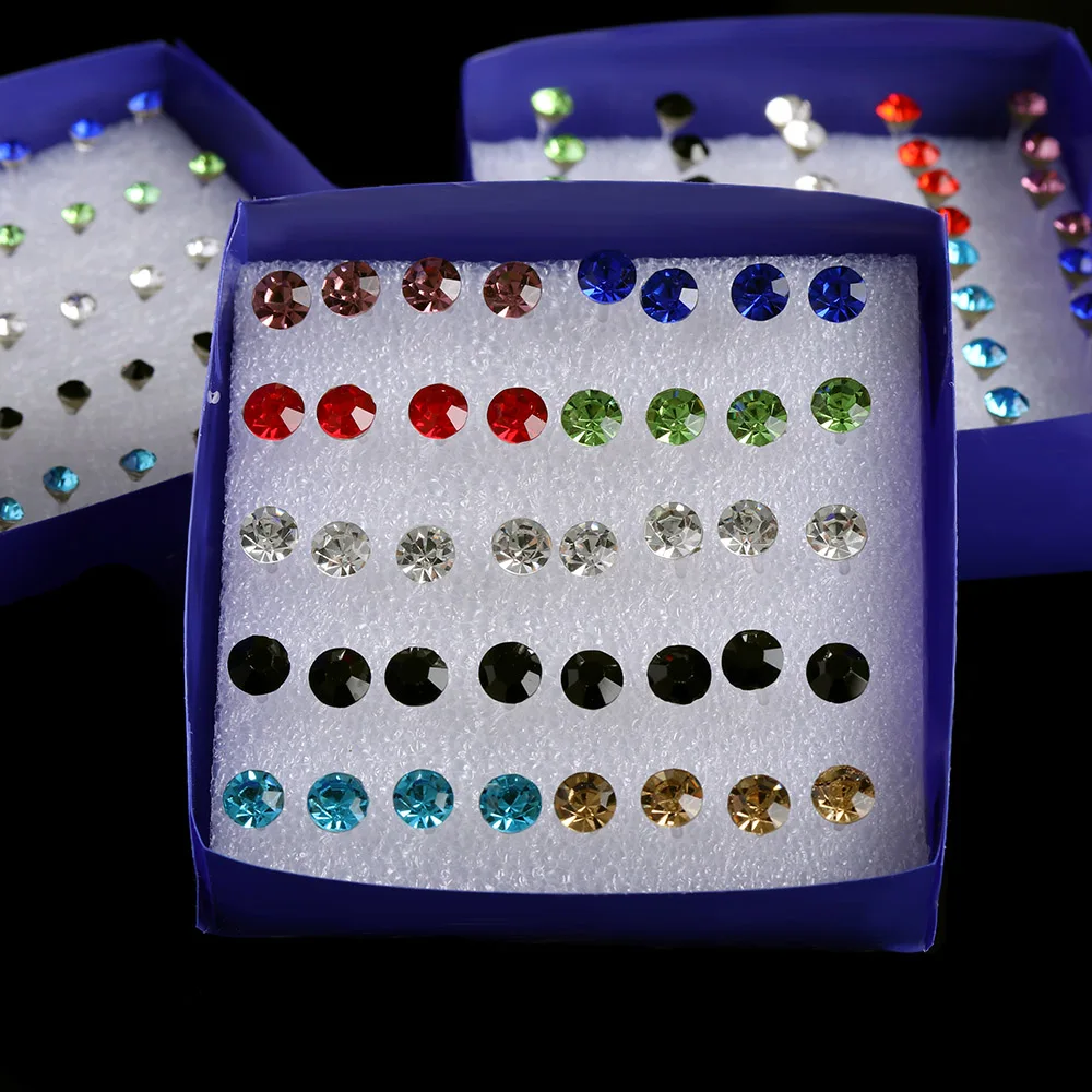 40 шт., многоцветные серьги-гвоздики с кристаллами, элегантные серьги, не вызывают аллергию, Комплект сережек для женщин и девочек, ювелирное изделие