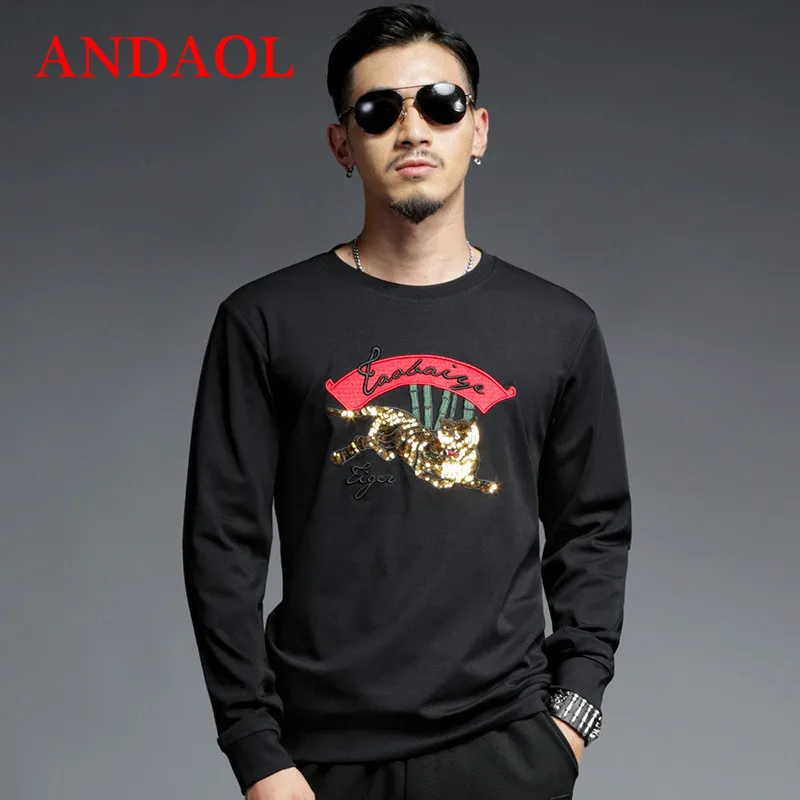 

ANDAOL Men's Hoodies Sweatshirts Spring Autumn Sequin Tiger Casual Cotton Sportswear Luxury Slim O-Neck harajuku Pullover Jacket