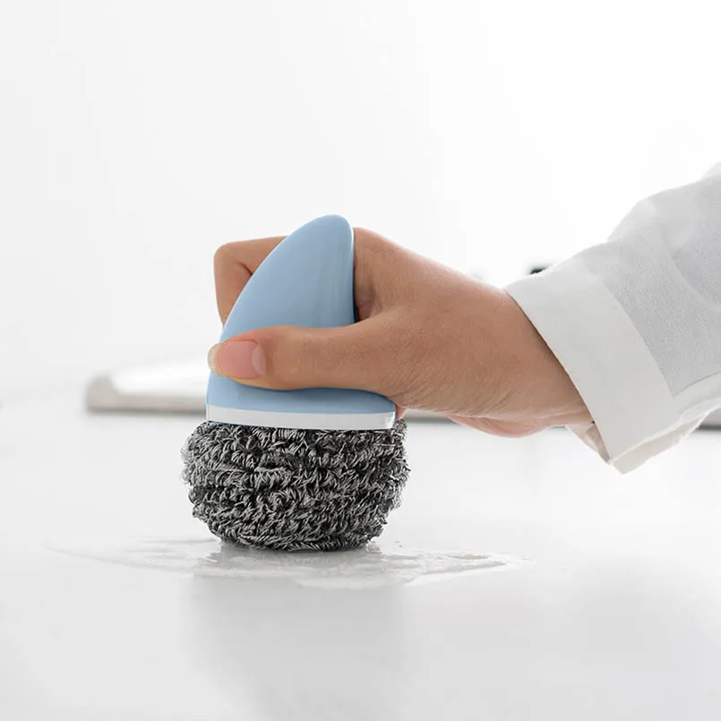 

Stainless Steel Wire Ball Brush With Shark Shank Handle Pot Dish Wash Brush Kitchen Scrubber Household Cleaning Tools