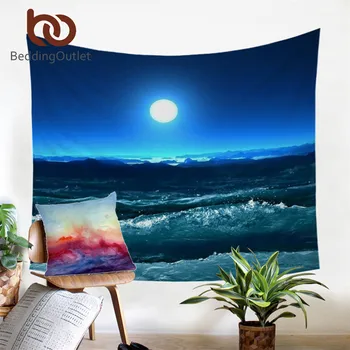 

BeddingOutlet Moon And Ocean Tapestry 3D Printed Wall Hanging Decor Blue Sheet Microfiber Fabric Wall Art Bedclothes Beach Mat