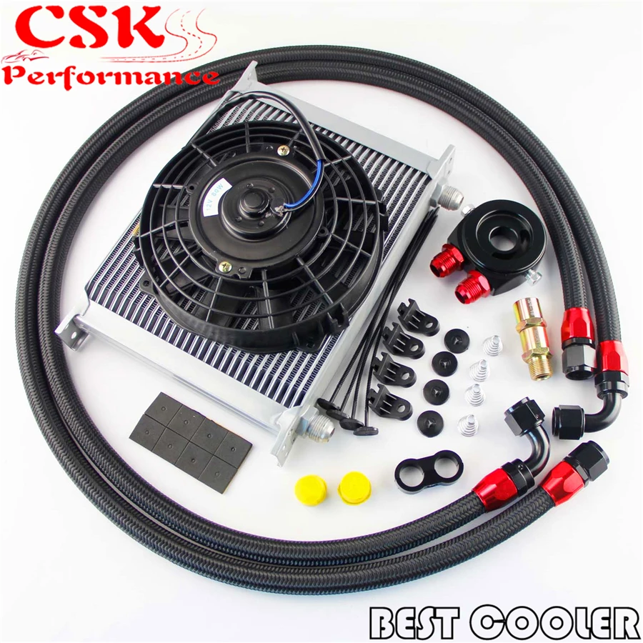 

Universal 30 Row Engine 10AN Oil Cooler w/ Filter adapter hose + 7" Electric Fan Kit Black