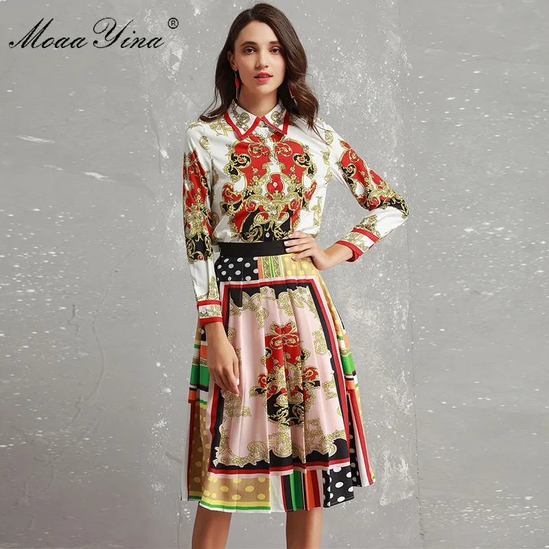 MoaaYina Fashion Designer Set Autumn Women Long Sleeve Vintage Print