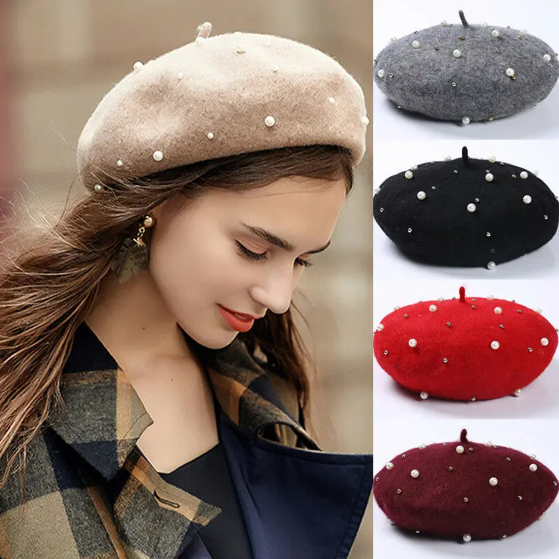 

Solid French Beret Winter Pearl Wool Hat Women Sweet Beanie Ski Caps Love Gifts For Girl Friend